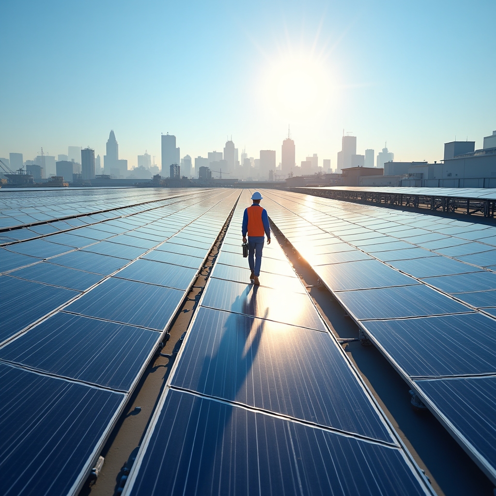 Arreglo de paneles solares en la cubierta de un edificio comercial