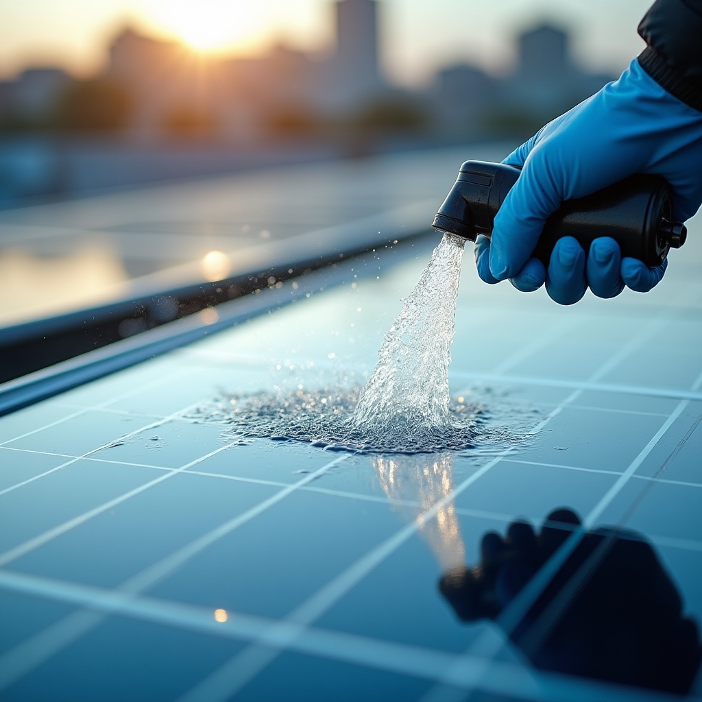 Enjuague de panel solar con agua desmineralizada mediante cepillo de cerdas suaves