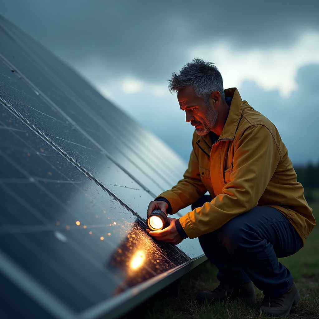 Técnico inspeccionando paneles solares tras una tormenta de granizo en Mendoza