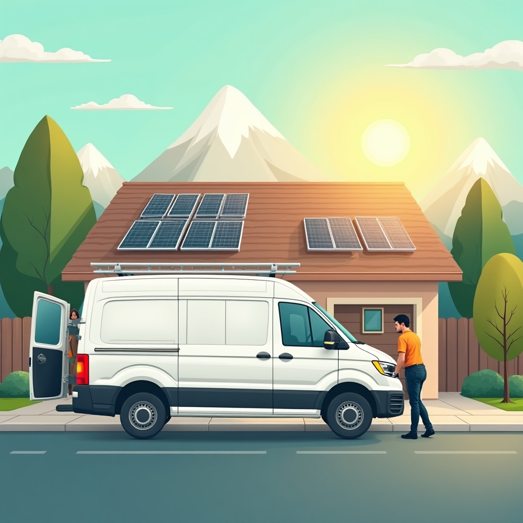 Vehículo de servicio técnico estacionado frente a una instalación solar residencial
